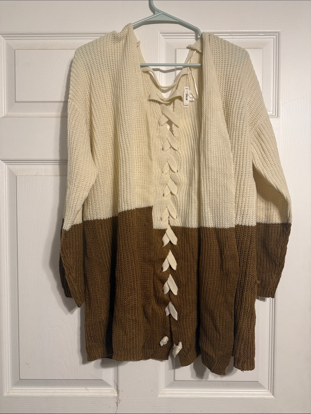 mine Colorblock Lace-Up Cardigan - Cream & Brown